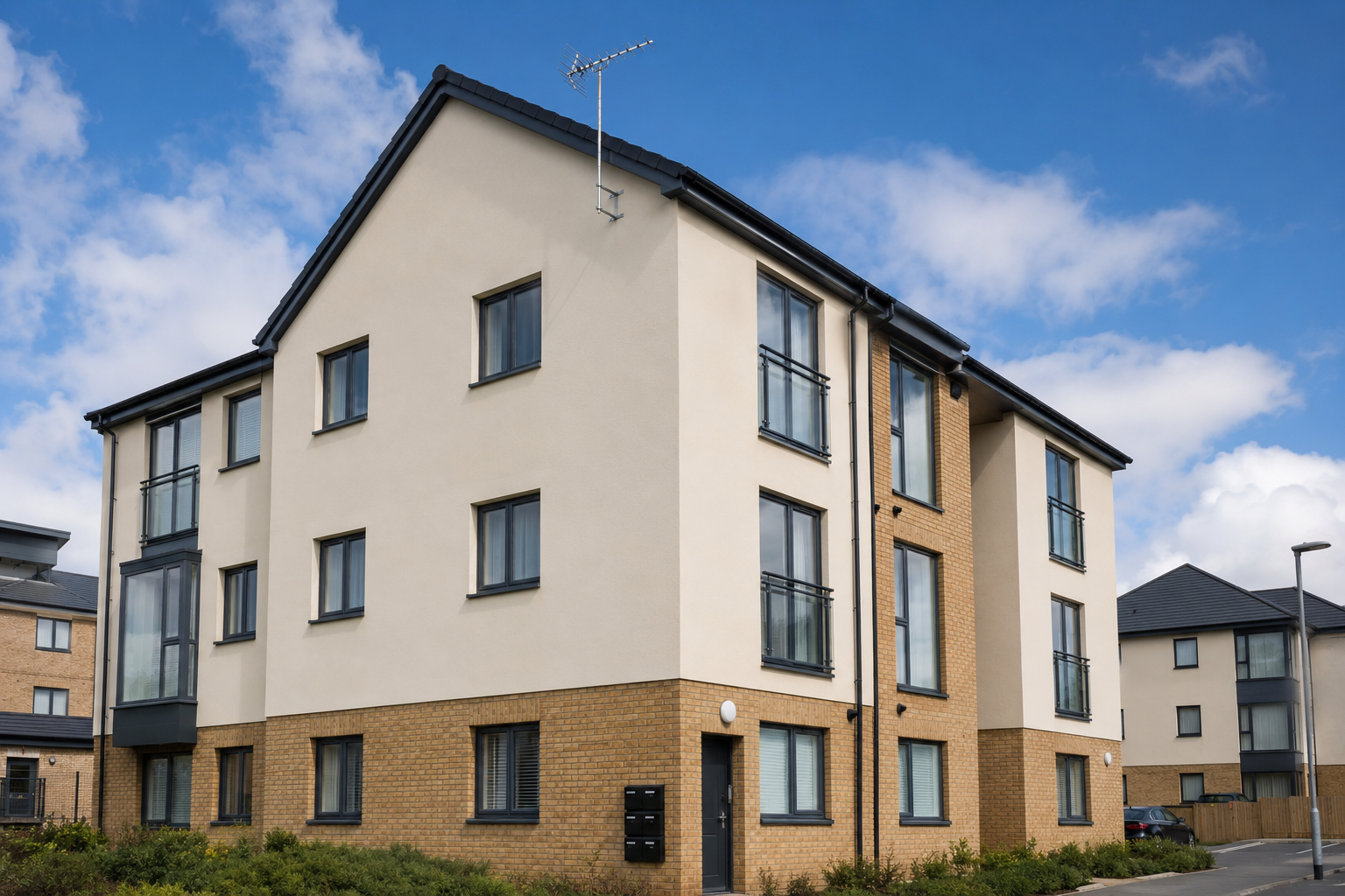 TV aerial fitted on modern flats in Birmingham