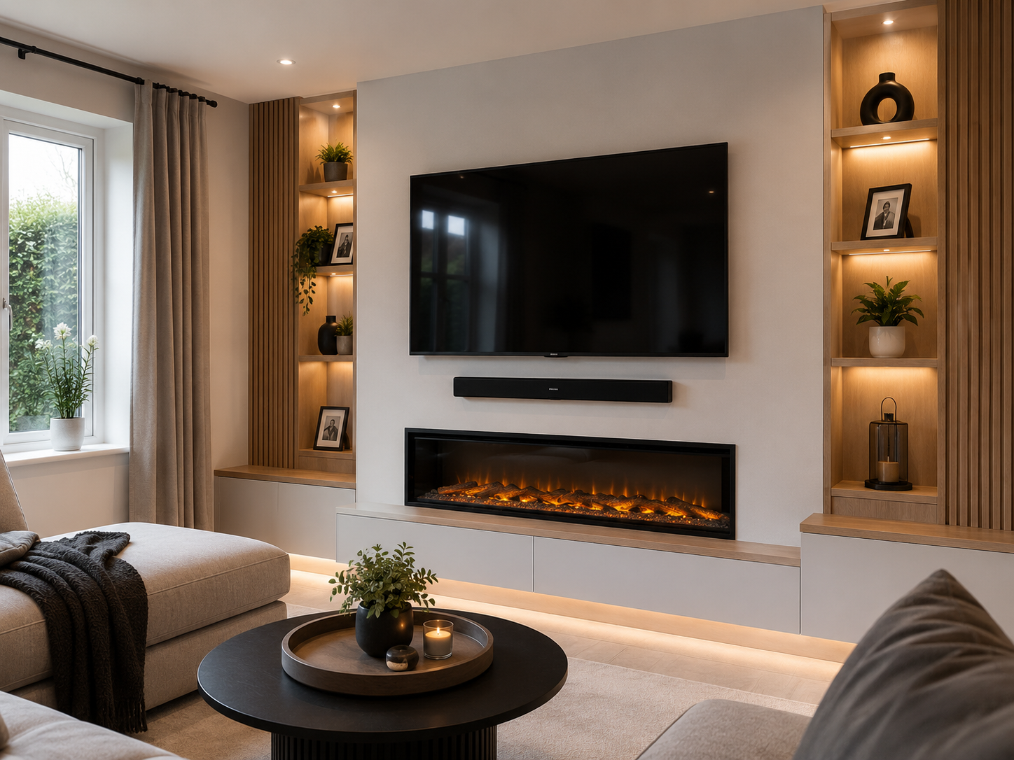 TV mounted above a fireplace with soundbar in a Birmingham home