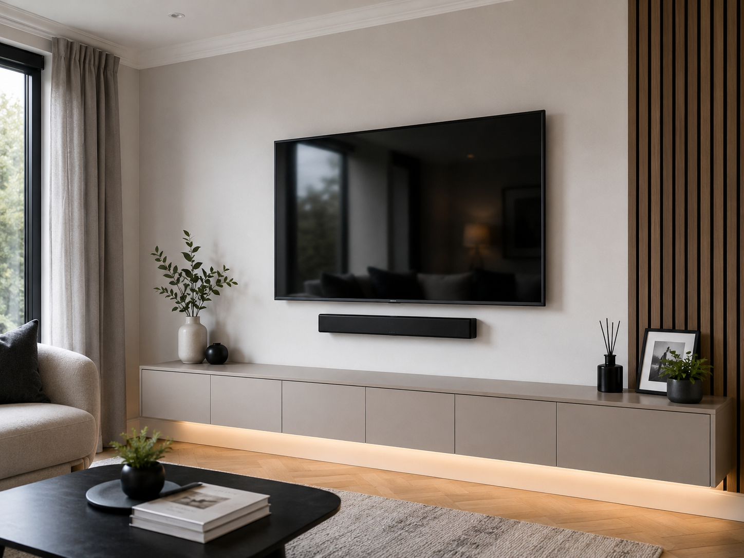 Wall mounted TV with tidy cable management in a Birmingham living room